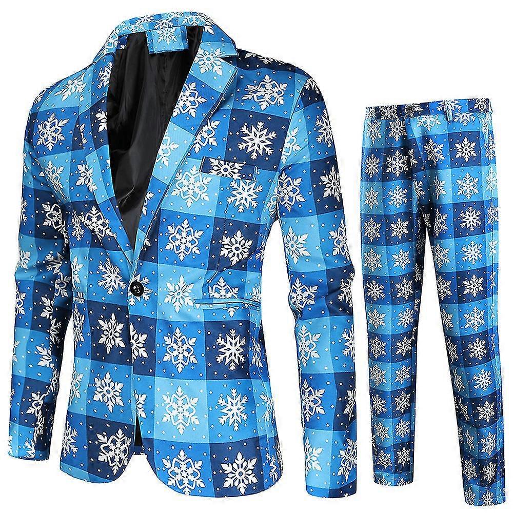 Mens Casual Family Gathering Plaid Snowflake Printed Single-breasted Two-piece Set (jacket + Pants)