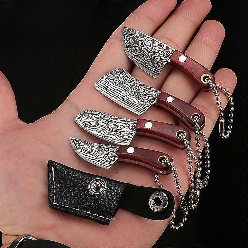 4PCS Mini 440 Stainless Steel Axe Hatchet Pocket Knife Edc Full Tang Wood Handle Gift With Sheath Keyring