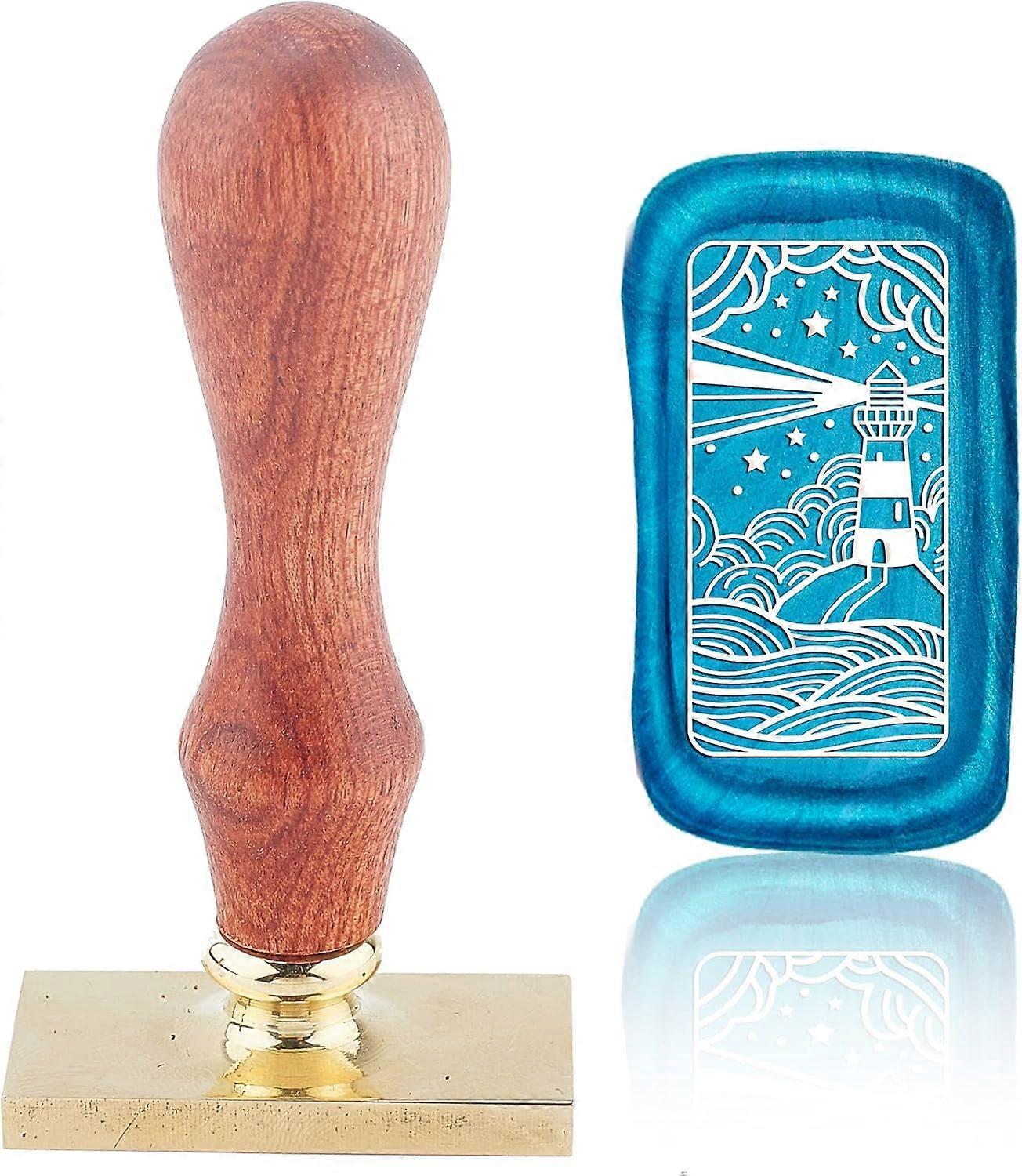 Wax Seal Ocean Lighthouse Wave Sealing Wax Stamp Rectangle Brass Seal Head with Wooden Handle Retro Brass Head Sealing Stamp Removable for Wedding Inv