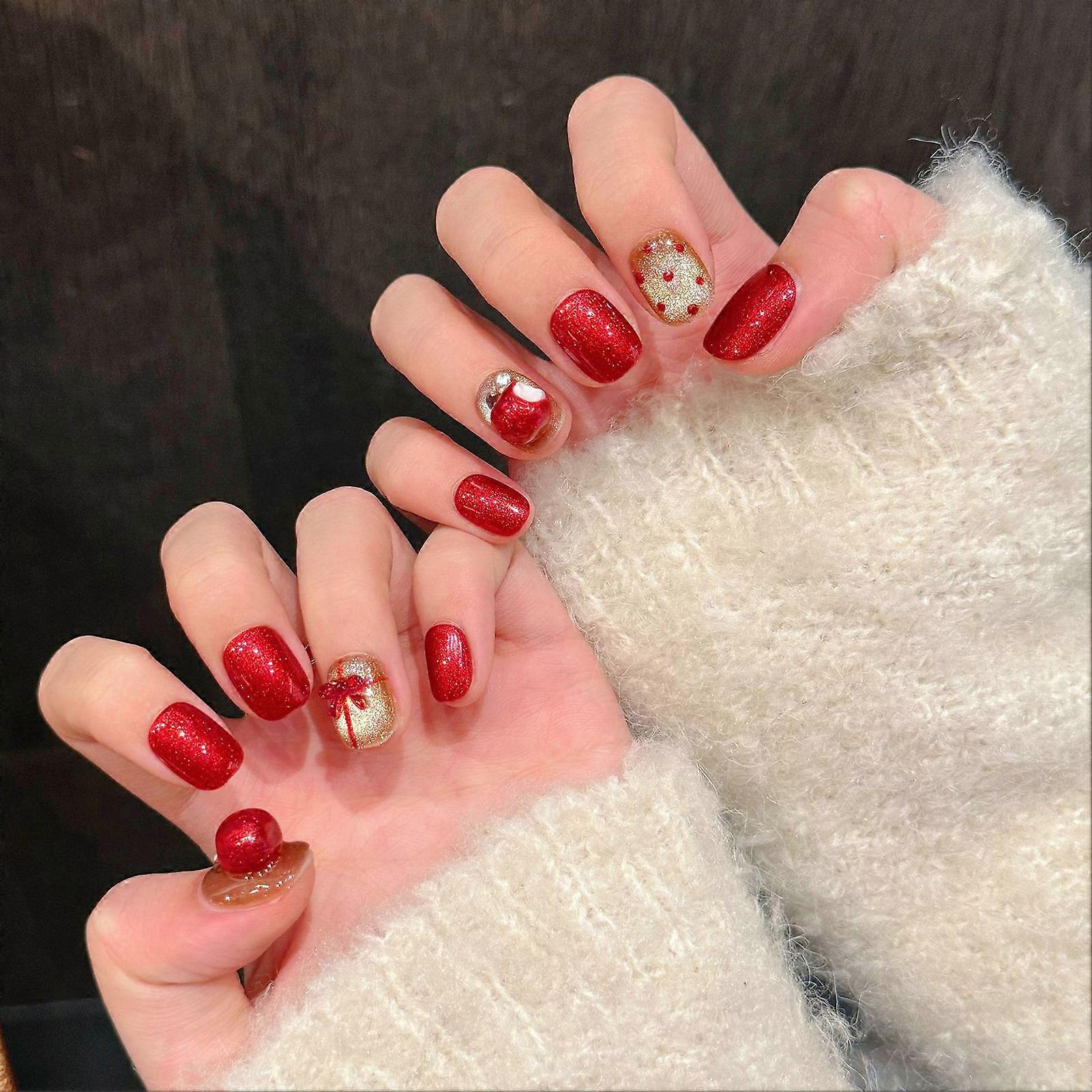 Short Round Press On Nails with Bowknot Pattern Design False Nail Tips for Stage Performance Wear