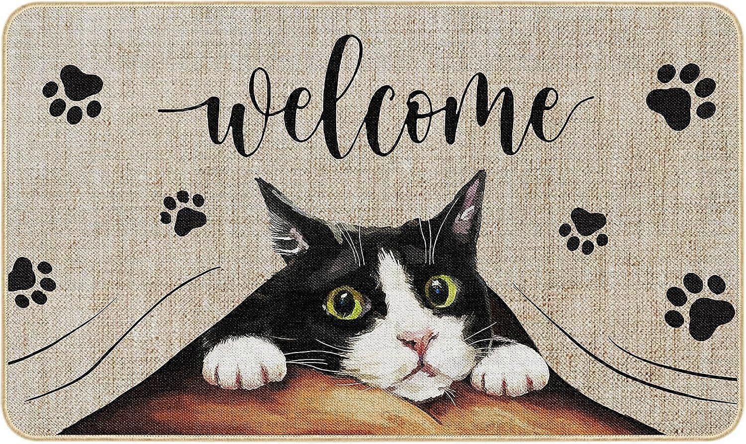 Welcome Door Mat with Funny Cat Footprint Design, Non-Slip Rubber Material for Indoor and Outdoor Use, 24x16 Inches
