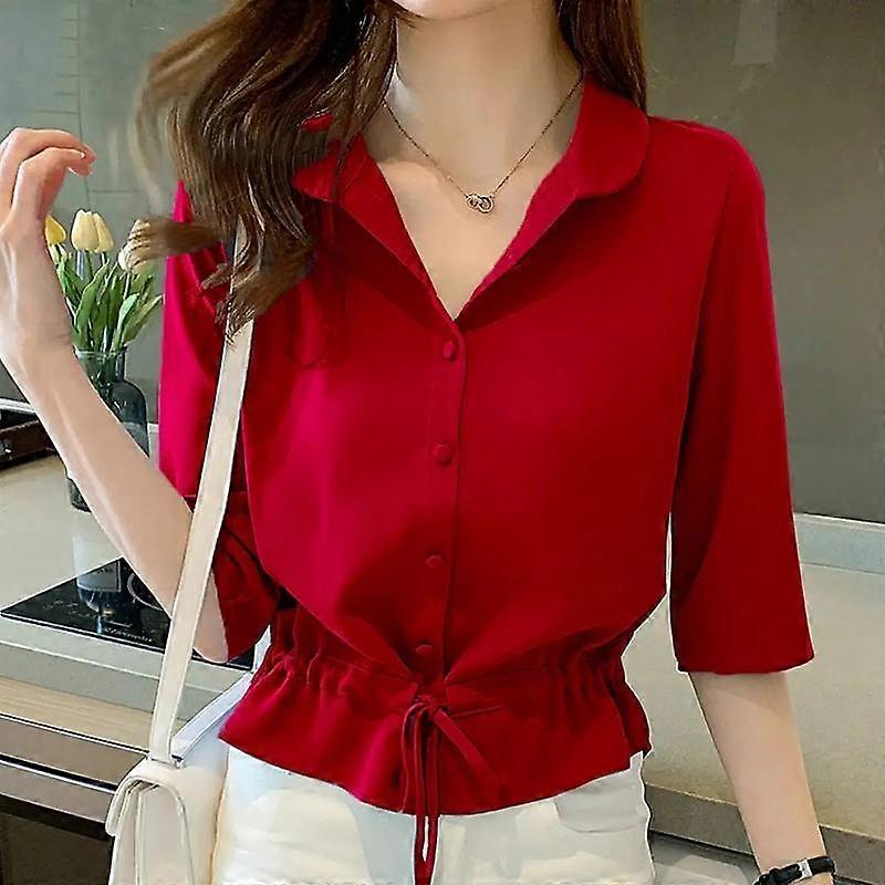 WTEMPO Spring Summer Women's Versatile Solid Color Turn-down Collar Half Sleeve Chiffon Shirts Casual Shirring Single-breasted Blouses