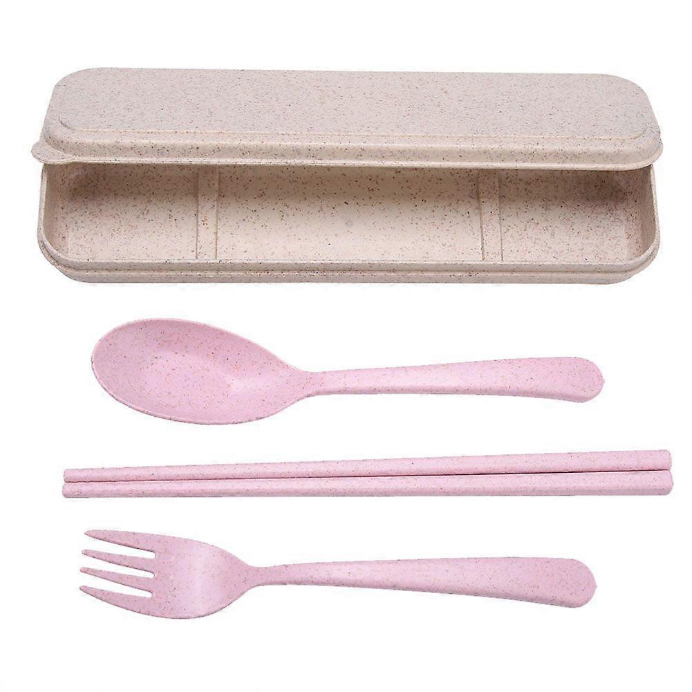 3 PCS Portable Wheat Straw Flatware Spoon Chopsticks Fork with Travel Case Pink