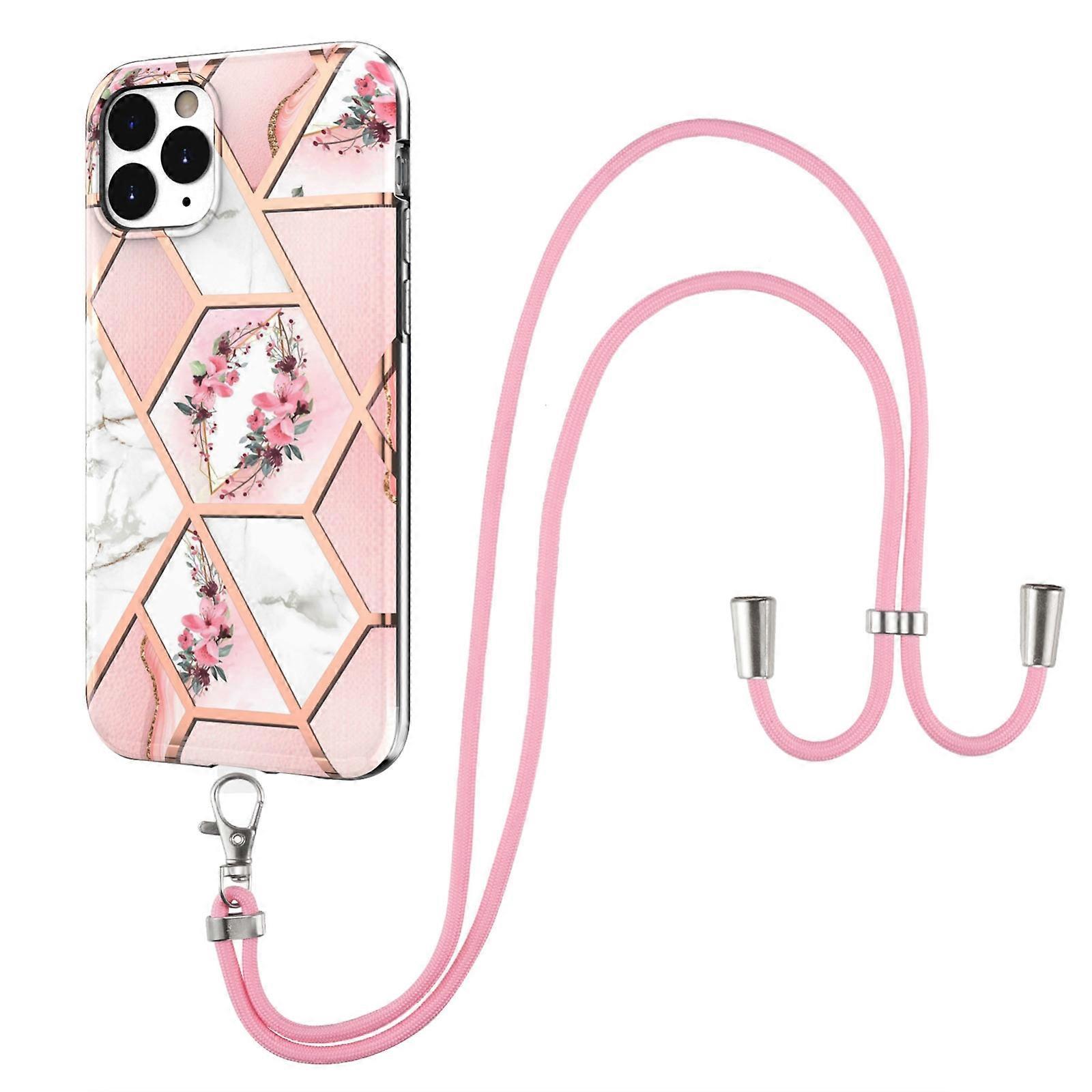 For iPhone 11 Pro Max Electroplating Splicing Marble Flower Pattern TPU Shockproof Case with Lanyard
