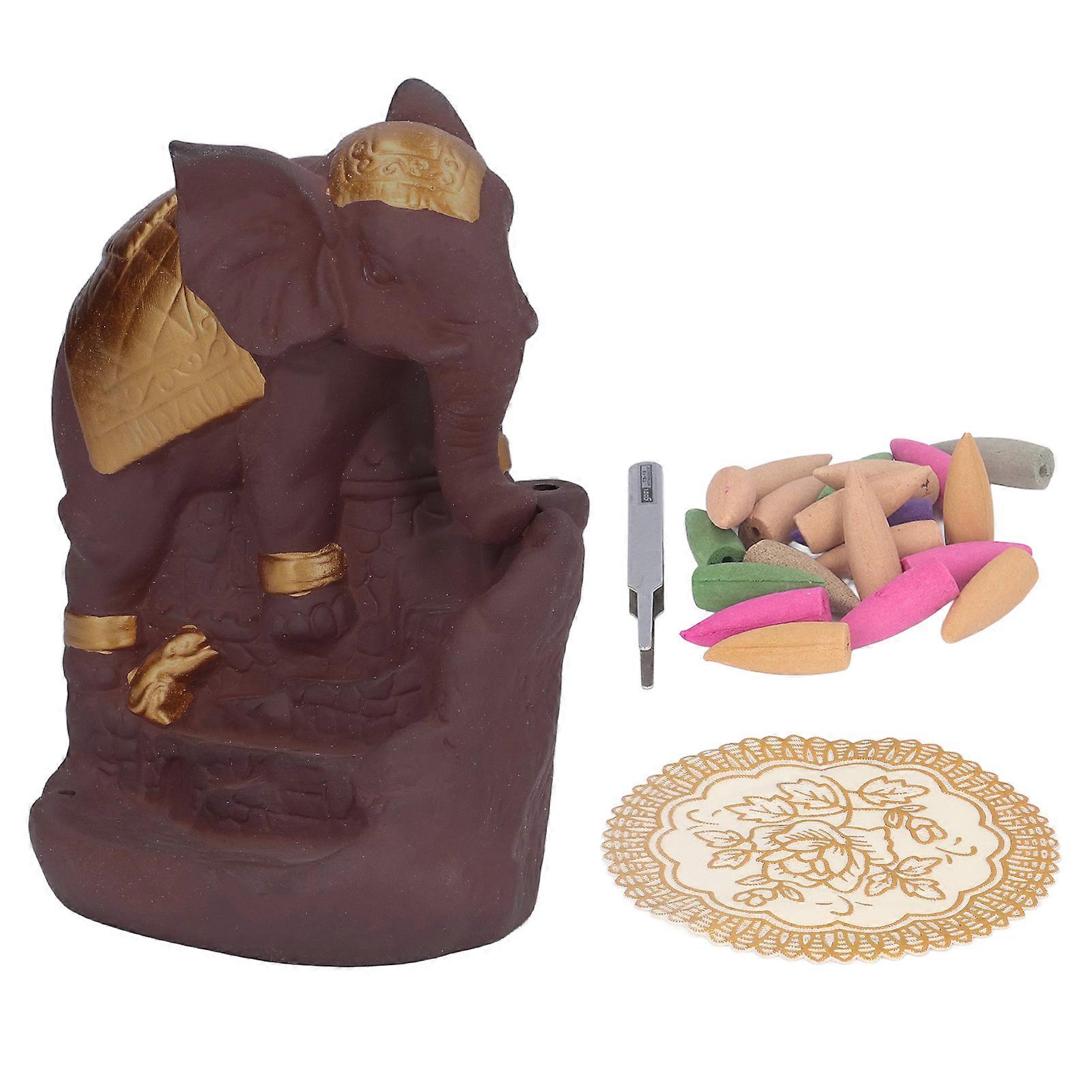 Incense Holder Elephant Backflow Waterfall Ceramic Aromatherapy Holder With 20 Cones And 1 Pad