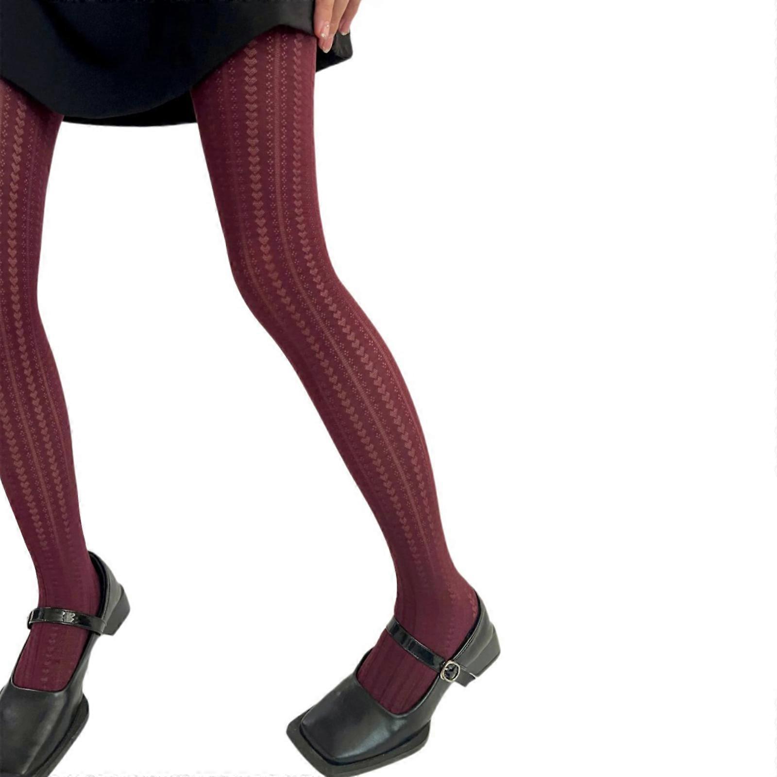 Japanese Elegant Hollowed Out Heart Pattern Tights for Women Aesthetic High Waist Mesh Pantyhose Solid Color Stockings  wine red