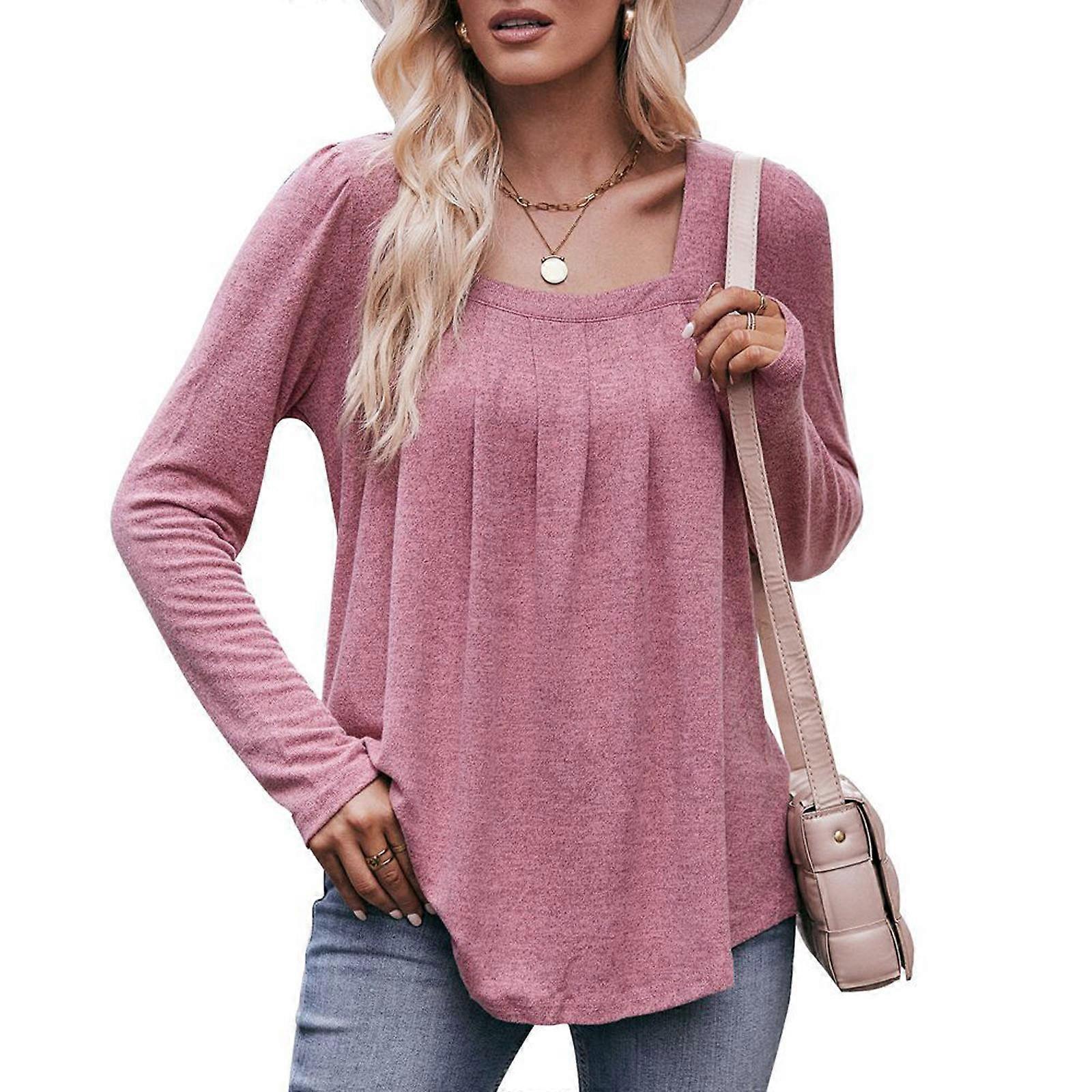 Womens Blouse Square Neck Long Sleeve Casual Pleated Shirts Loose