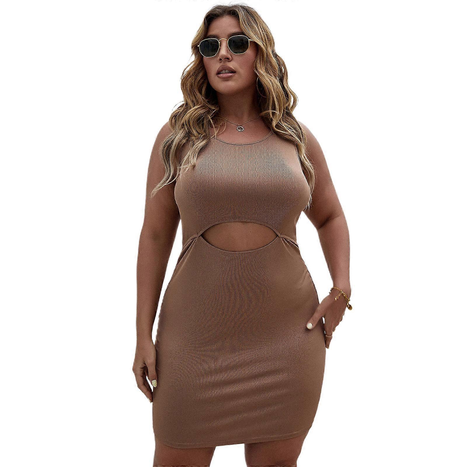 Womens Summer Sexy Cutout High Waist Bodycon Mini Dress Sleeveless O-Neck  Solid Color Ribbed Stretchy Club Party Dresses Khaki XL