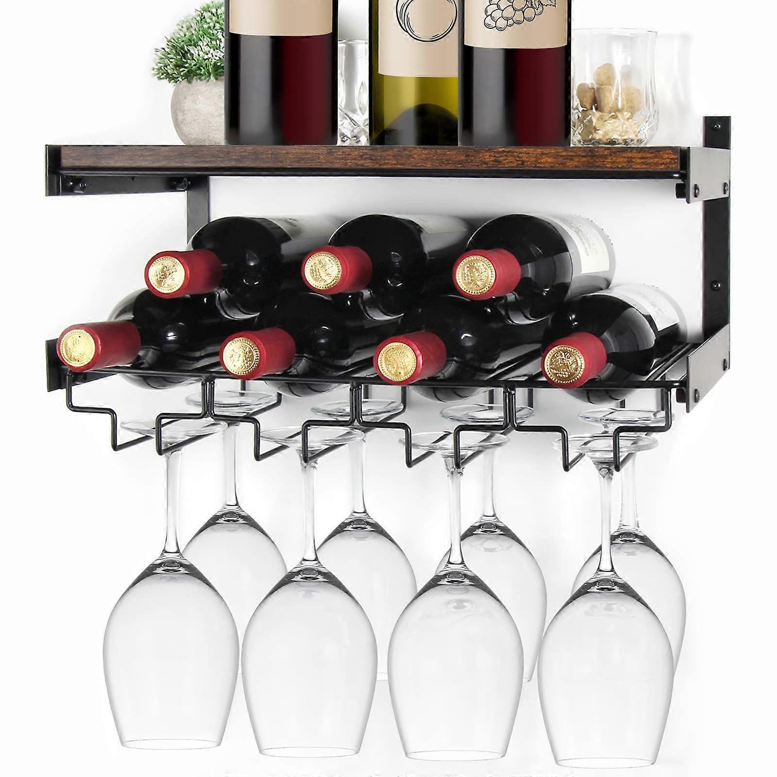 Shelf Wall Stemware Shelf, Wine Glass Holder for Wall Mount, 8 Cup and 7 Bottle Storage, Wood Wine Organizer Rack