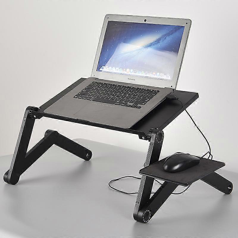 Liftable laptop lazy folding bracket mobile cooling bed office home 3-fold leg computer desk 48cm-black model With fan + mouse board