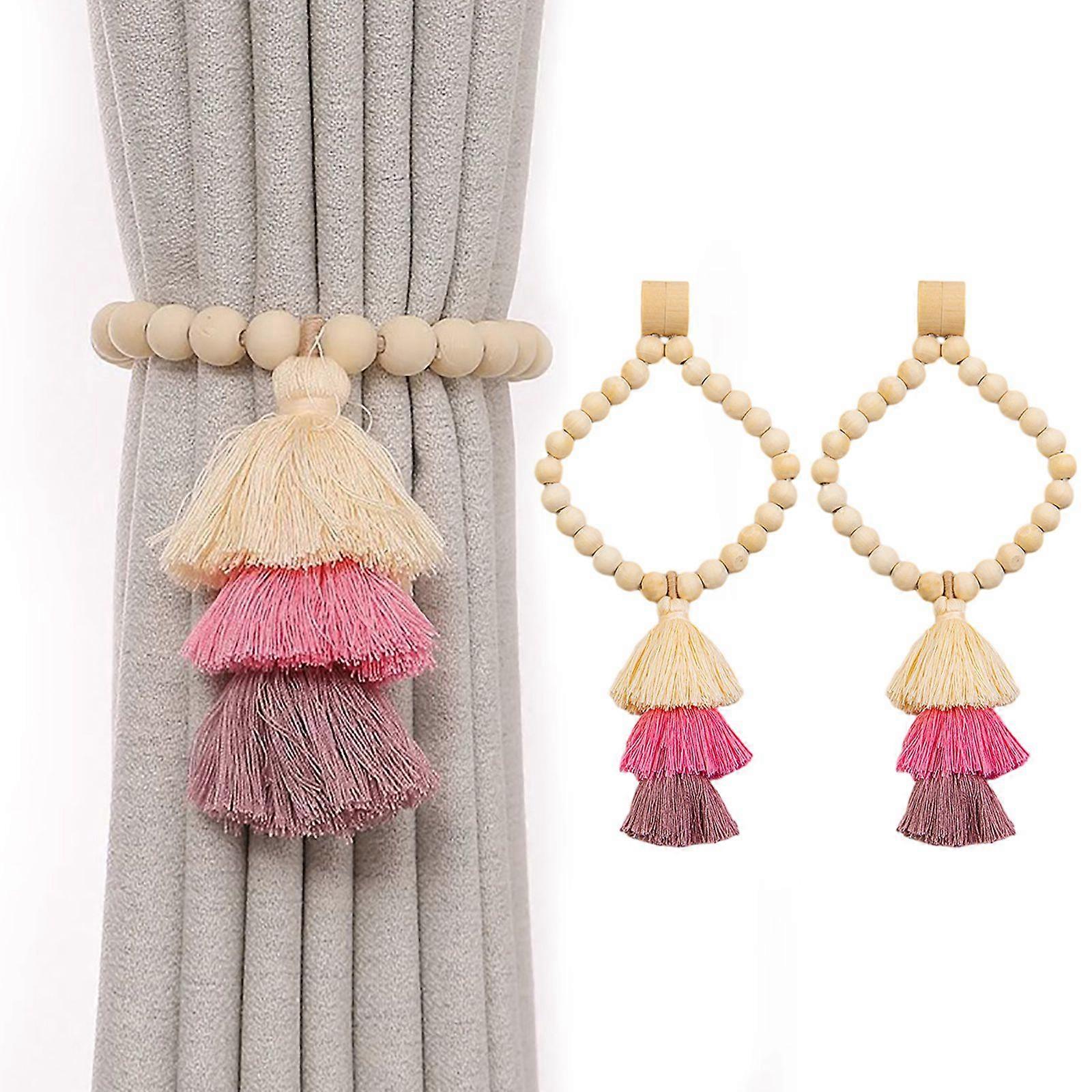 2pcs Natural Magnetic Curtain Tiebacks For Home Office Decoration Wood Bead Rainbow Curtain Holders With Tassel Pendant