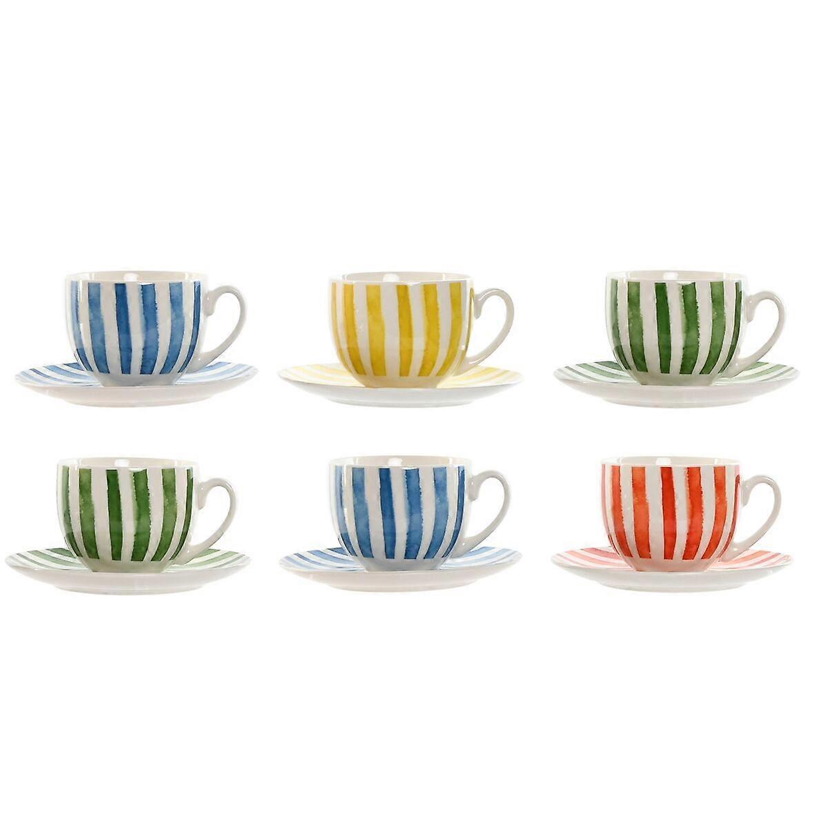 Lot de 6 Tasses avec Assiette Home ESPRIT Jaune Bleu Vert Corail Porcelaine Rayures Méditerranée 240 ml
