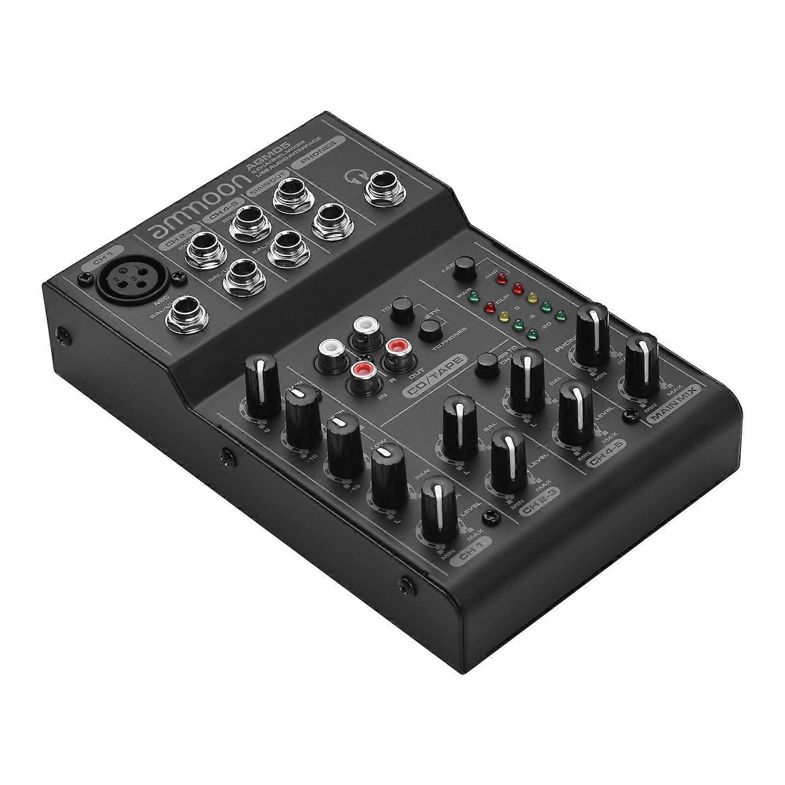 Ammoom AGM05 5-Channel Mini Mixer Mixing Console USB Audio Interface Plug-and-Play +48V Phantom Power for Home Studio Recording Live Streaming Karaok
