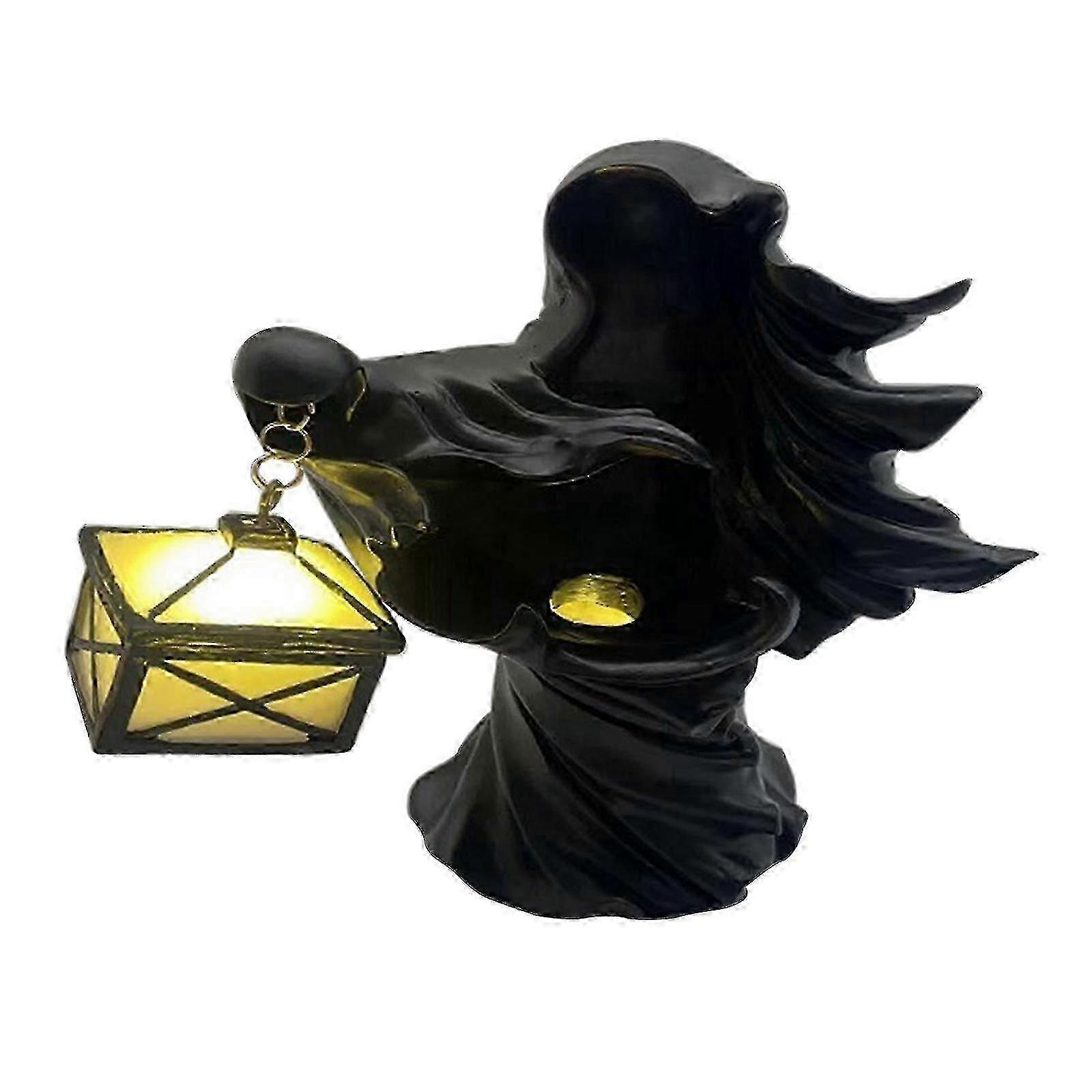 Scary Faceless Ghost Lantern Sculpture for Garden Decor - Black Resin Lamp