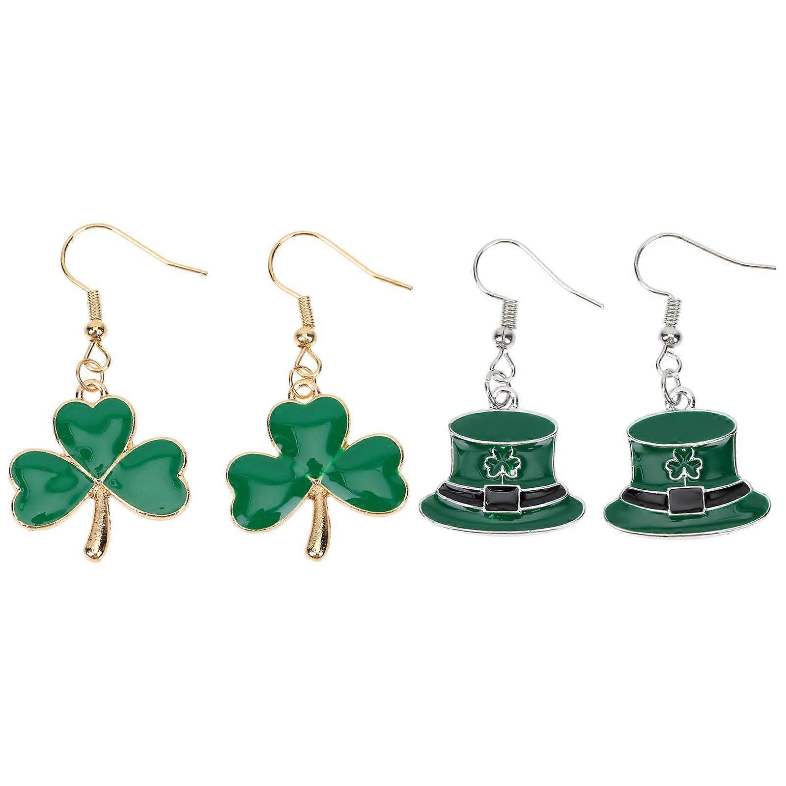 Shamrock Pattern Jewelry Creative Earrings For Patricks Day Parties Green Color Alloy Material 2 Pairs