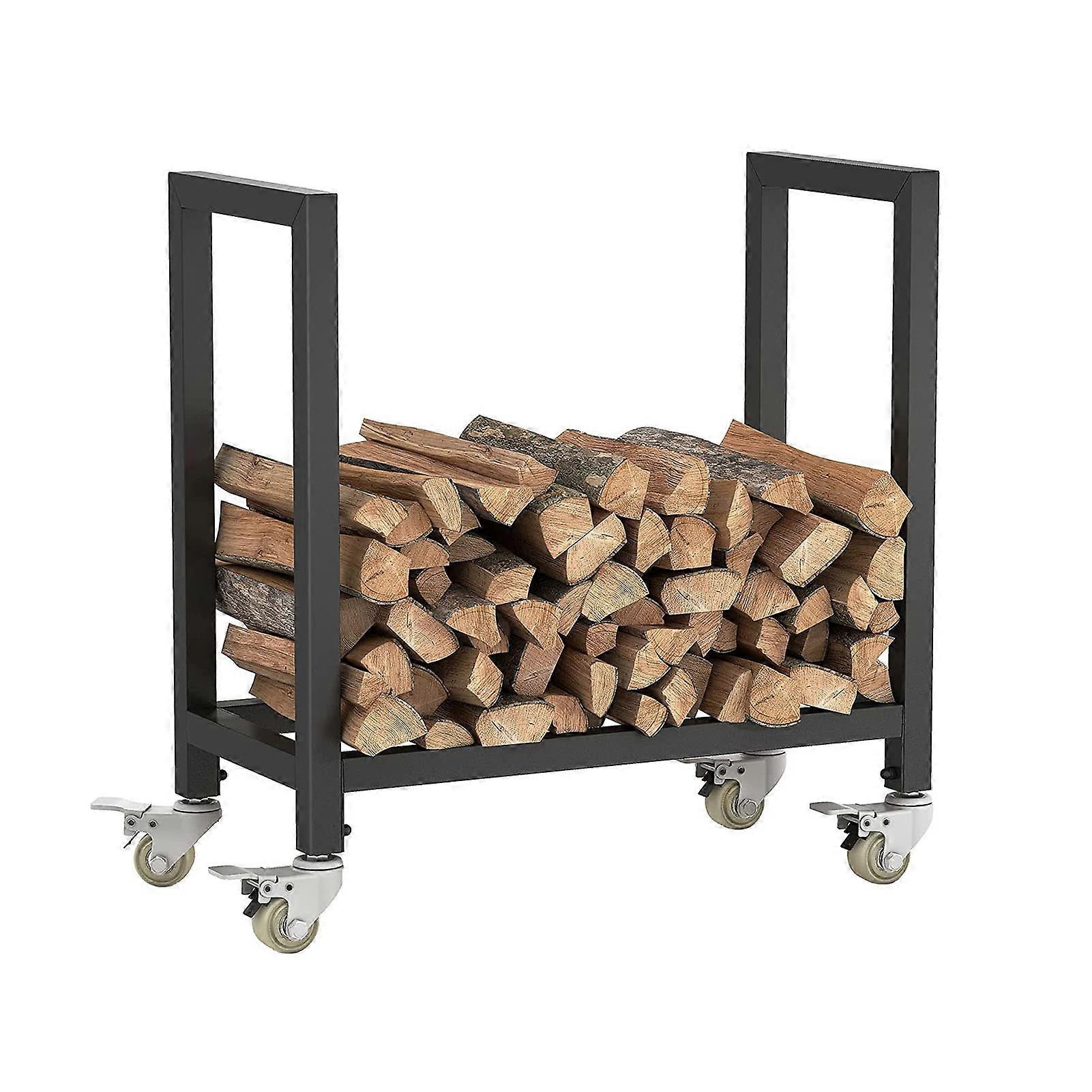 Firewood Stand, Wood Holder with Wheels, Firewood Cart for Indoor and Outdoor Use, Easy to Assemble Metal Storage Rack with Wheels with rollers