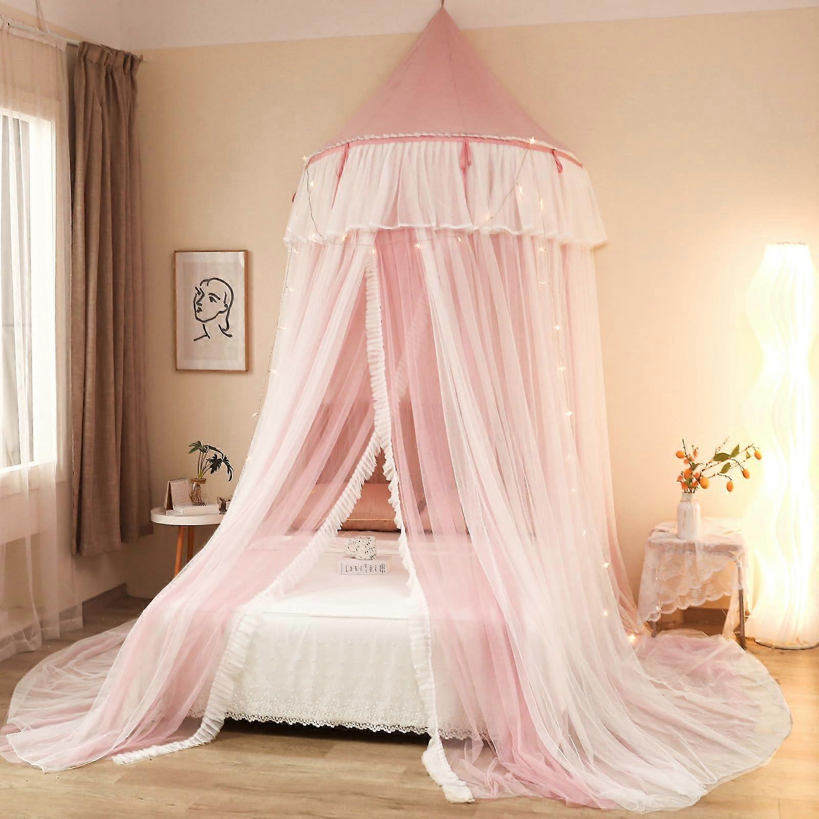 Pink Princess Bed Canopy Mosquito Net Tent Double Layer Lace Dome Curtain for Girls, Fits Double Queen King Size