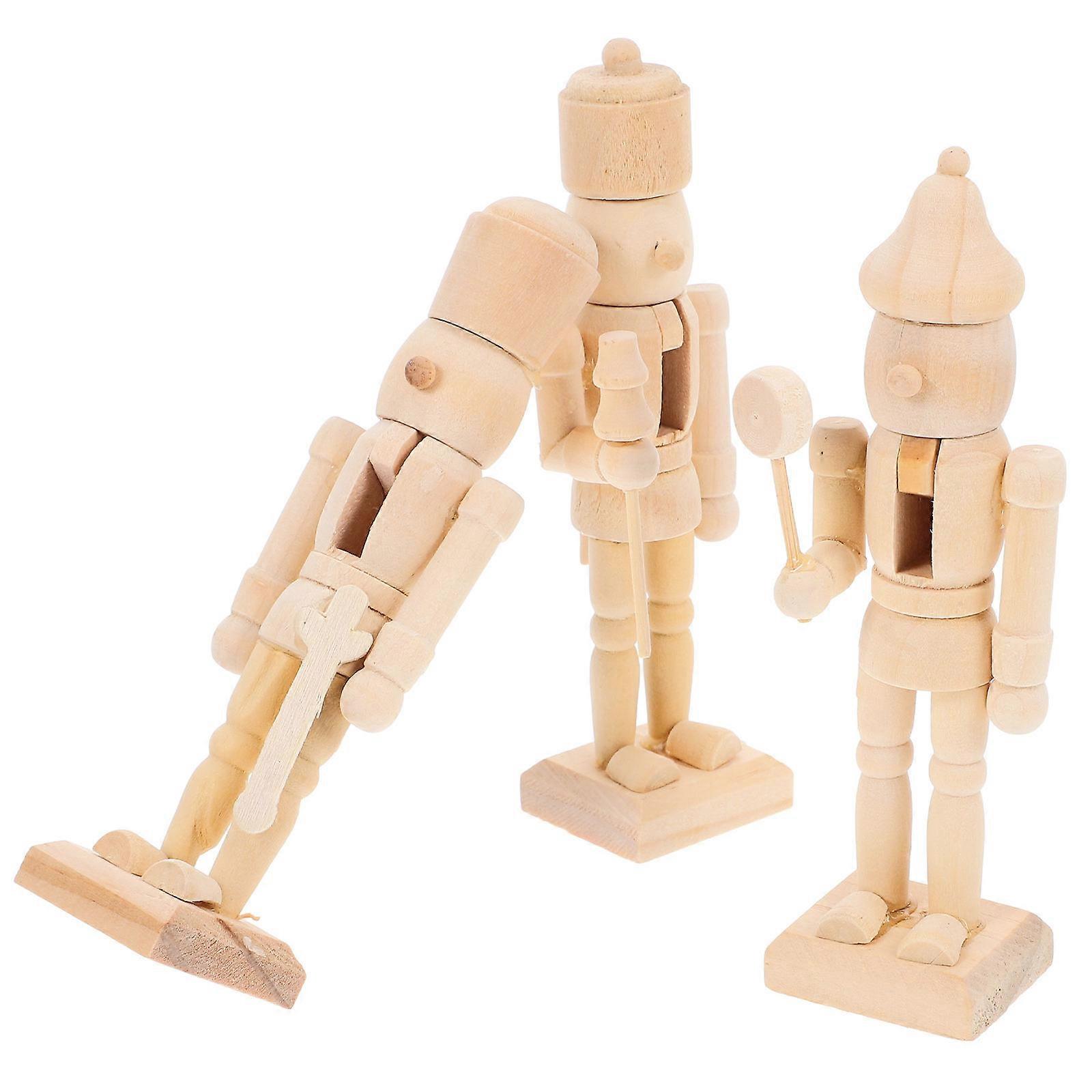 Wooden Nutcracker Soldier Puppet Ornaments 3pcs Set, DIY Colorable, Safe Material, Christmas Decoration, Assorted Patterns