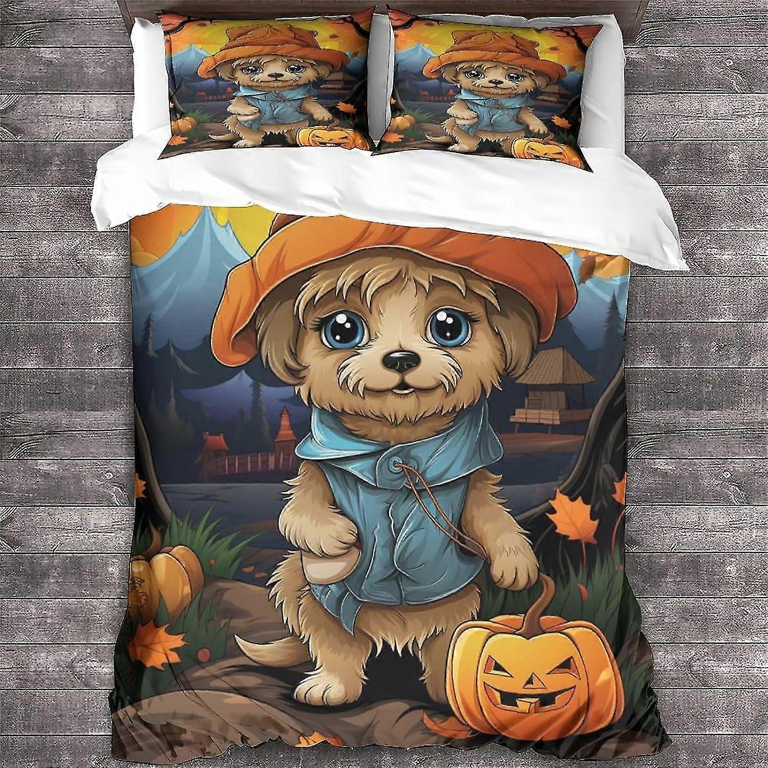 Conjunto de cama de capa de edredão para cão animal impresso em 3D com fronhas de design de Halloween Conjunto de capa de colcha dupla de microfibra macia