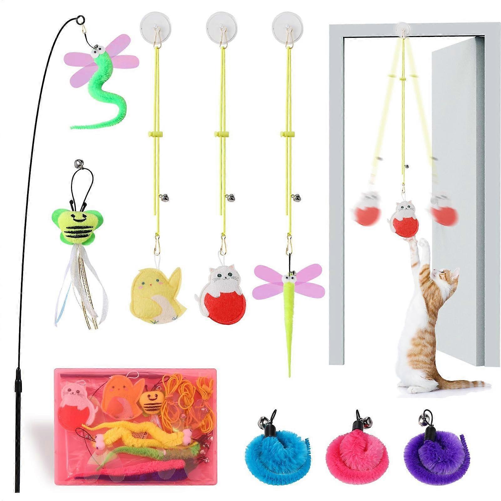 Cat Feather Toy with Bell & Catnip - Interactive Retractable Teaser 9 x Replacement Catchers for Kittens Indoor Play