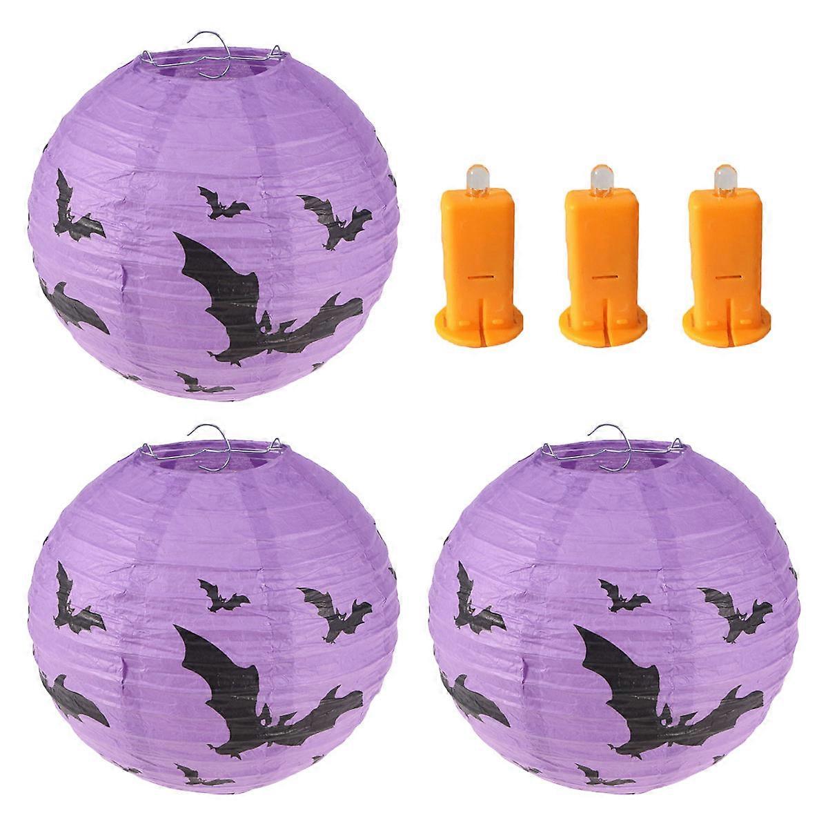 Led Lanterns 3Sets 20CM Halloween Foldable Paper Lantern Purple Bat Hanging Round Light for Indoor Outdoor Festival