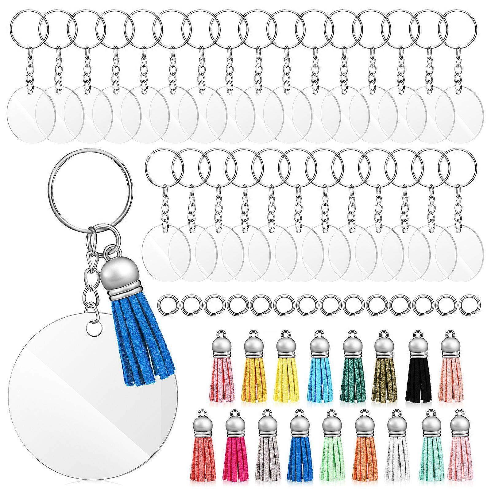 120 Pcs Clear Acrylic Keyring Blanks with Tassels, Jump Rings and Pendants for DIY Crafts Smooth Surface for Easy