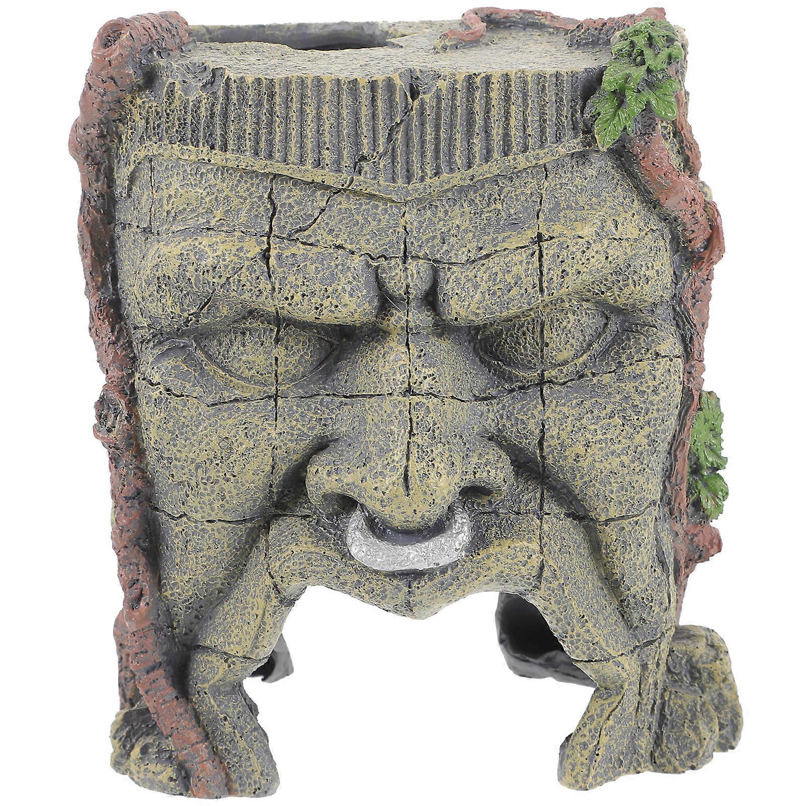 Reptile Hide Cave For Turtle Habitat 14.5X12cm Grey Resin Ancient Mask Statue 1Pack