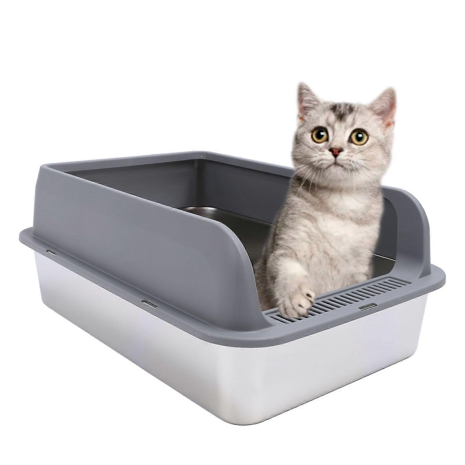 Stainless Steel Litter Box Anti Splashing Odorless Easy to Clean High Sides Semi Enclosed Cat Litter Box with Lid for Large Cats Dark Gray Large: 50 X