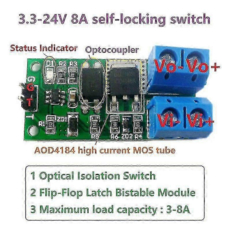 9V-24V 8A Low Pulse Trigger Board Flip-Flop Latchs Relay Module Bistable Self-Locking Switch