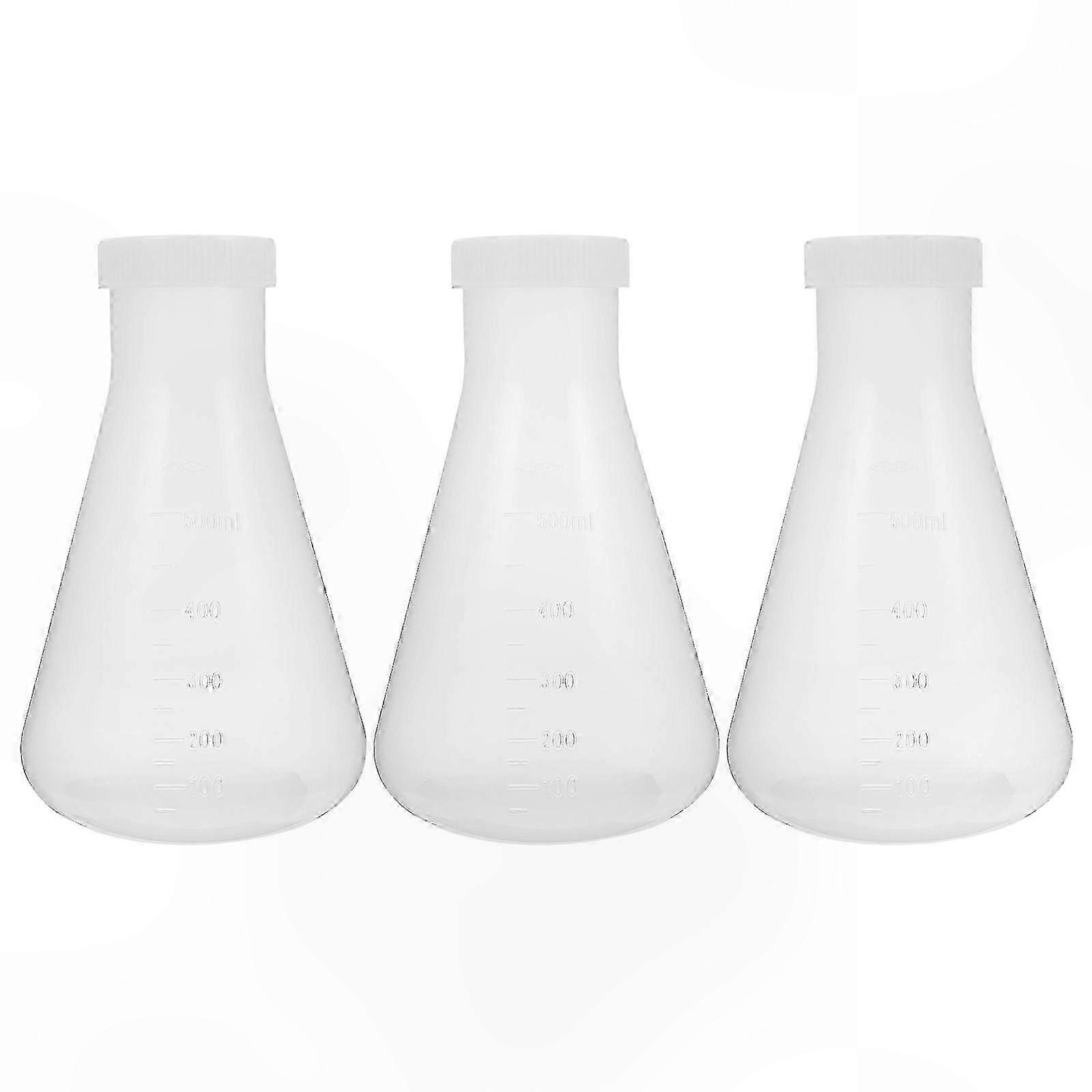 Set of 3 Transparent Plastic Conical Science Flasks for Lab Use