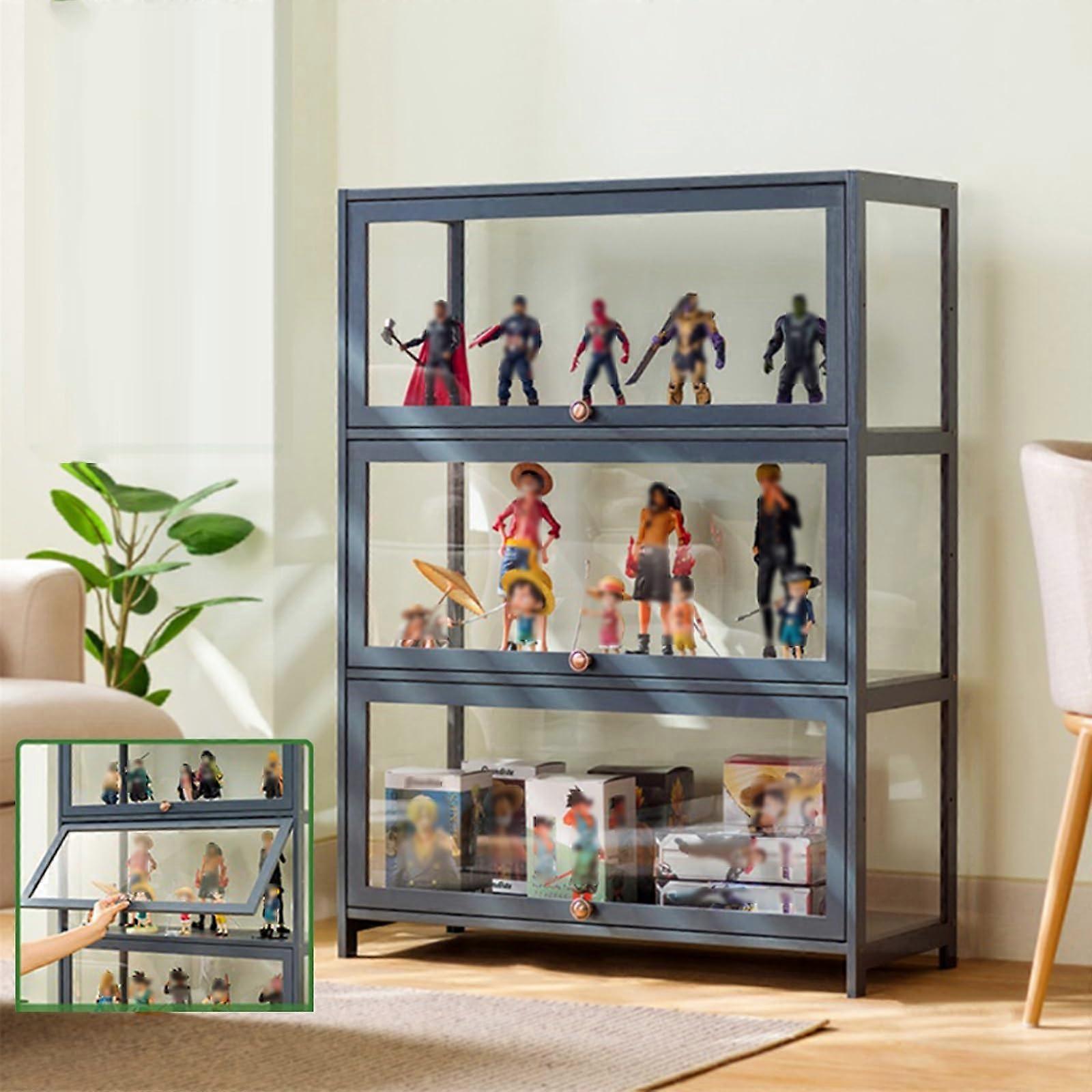 Display Case Flip Door Cabinet 60x32x106 cm Grey Bamboo Display Shelf for Figures and Collectibles Dustproof Sealed Door