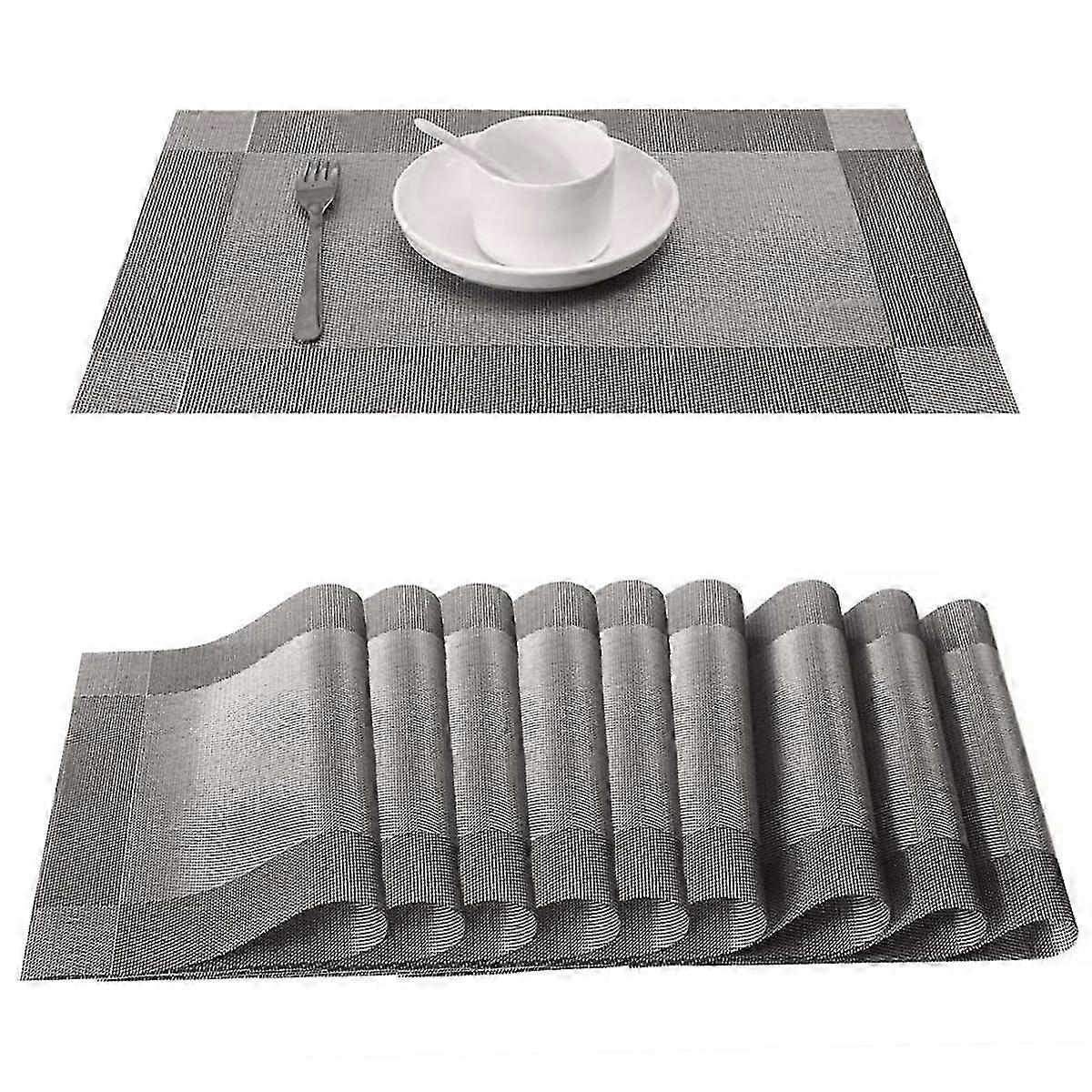Set of 10 Washable Non-Slip PVC Woven Dining Table Mats Grey Table Set 45cm30cm