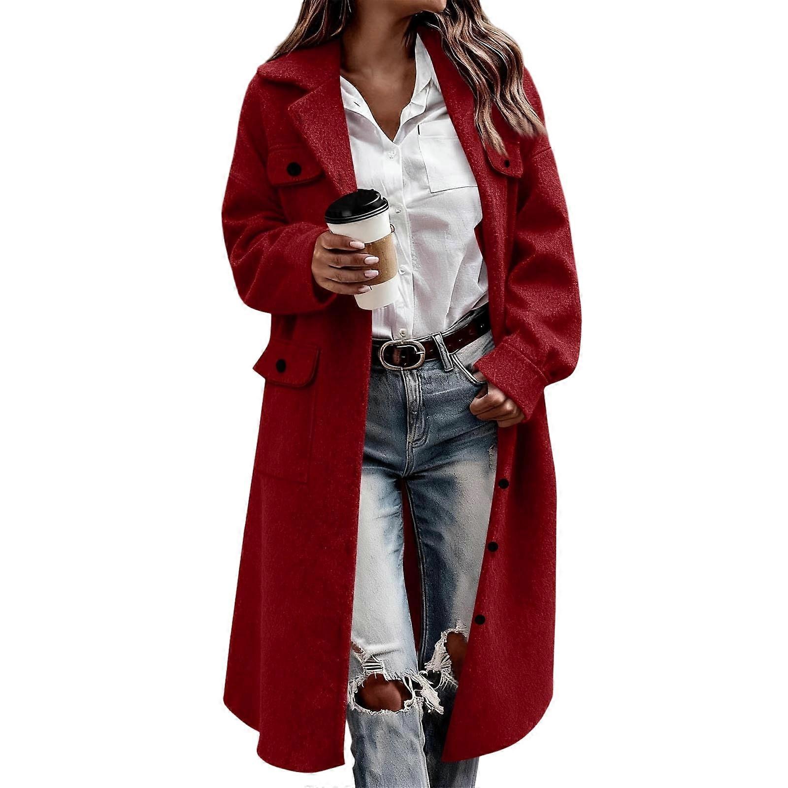 Women's lapel tie autumn and winter loose casual long coat  Burgundy XL