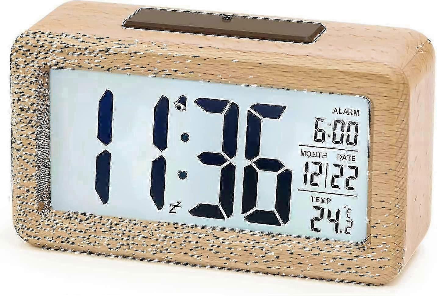 Digital Alarm Clock, Wooden Bedside Clock With Large Lcd Backlit Display, Temperature, Snooze Function, Brightness Sensor, 3 Aaa Battery Operatedbatte