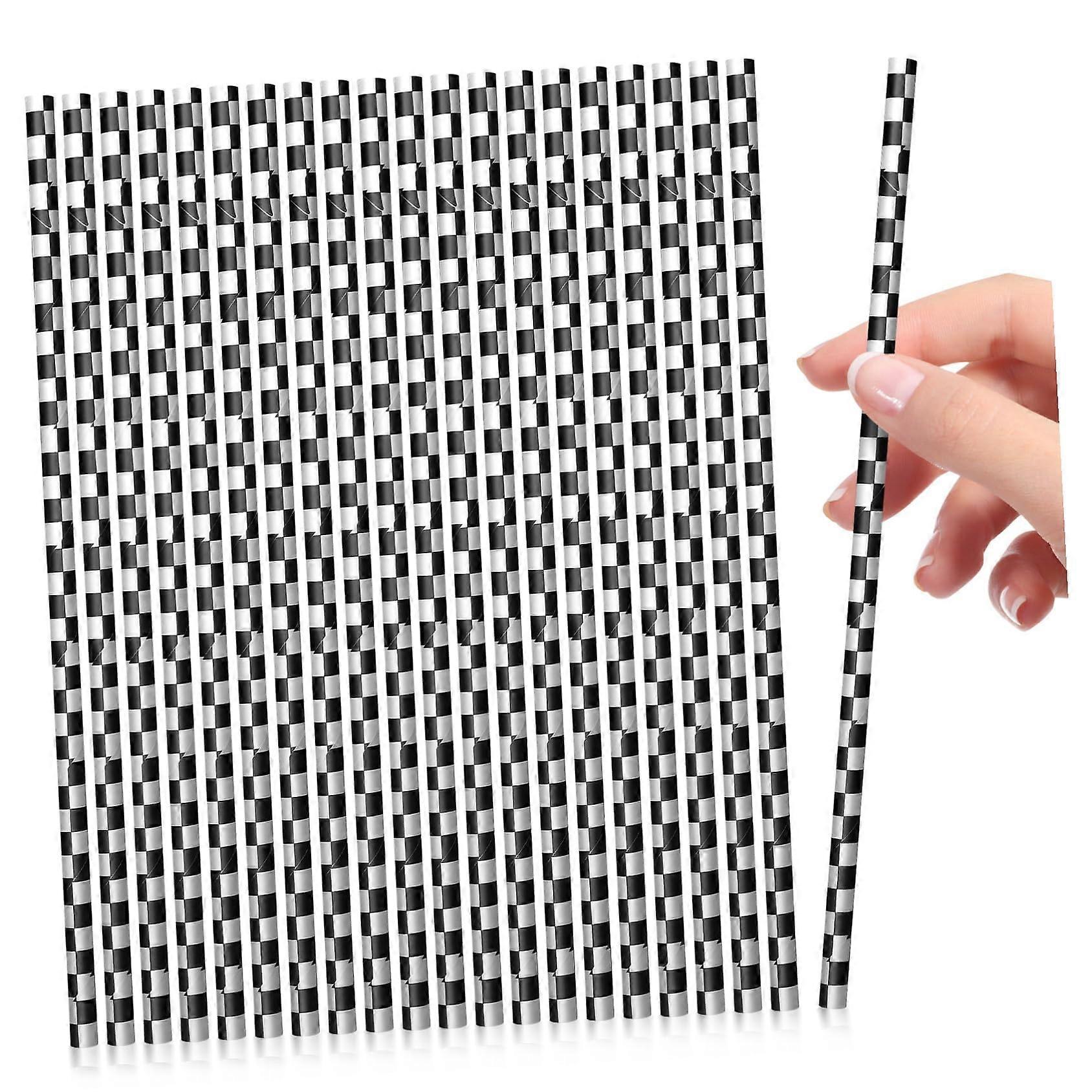 Checkered Paper Drinking Straws 100 Pcs Bulk Pack, Sturdy Striped Paper Straws for Race Parties, Smoothies