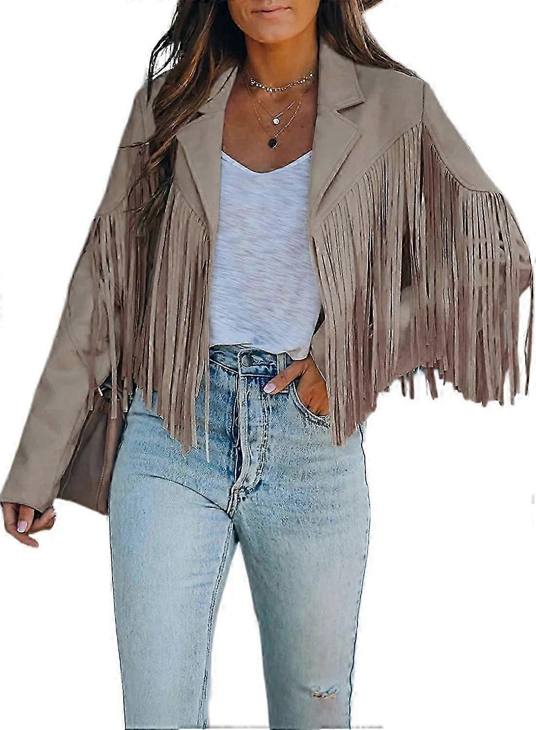 Femmes 2022 Mode Faux Daim Tassel Vestes Revers Cropped Motorcycle Jacket Outerwear
