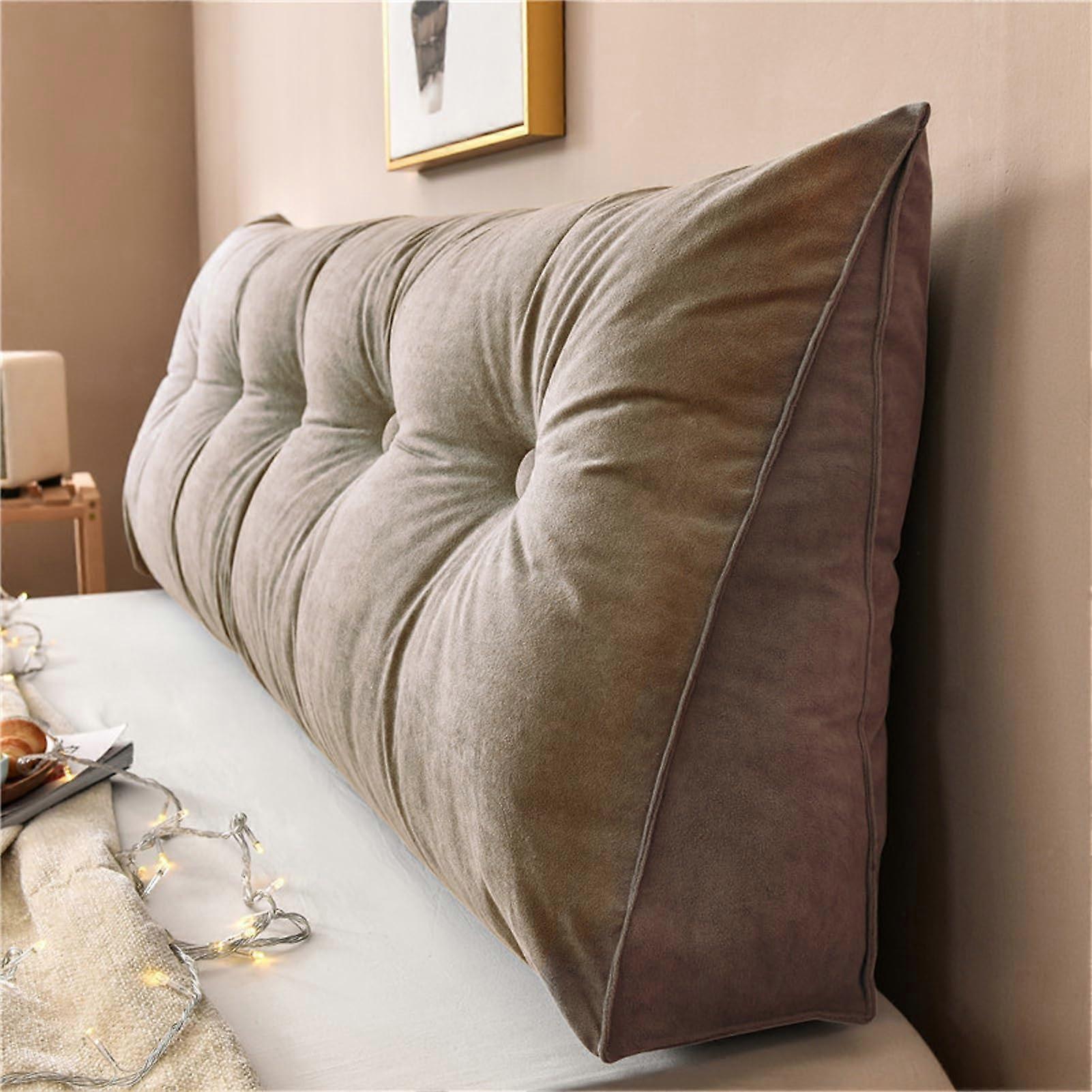 Triangular Reading Pillow with Removable Cover and Wooden Back Support for Bed or Sofa, Light Brown 120x20x50cm
