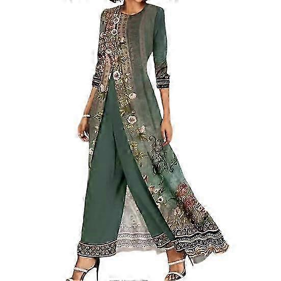 Floral Print Women's Set with Split Hem Wide Leg Pants for Party