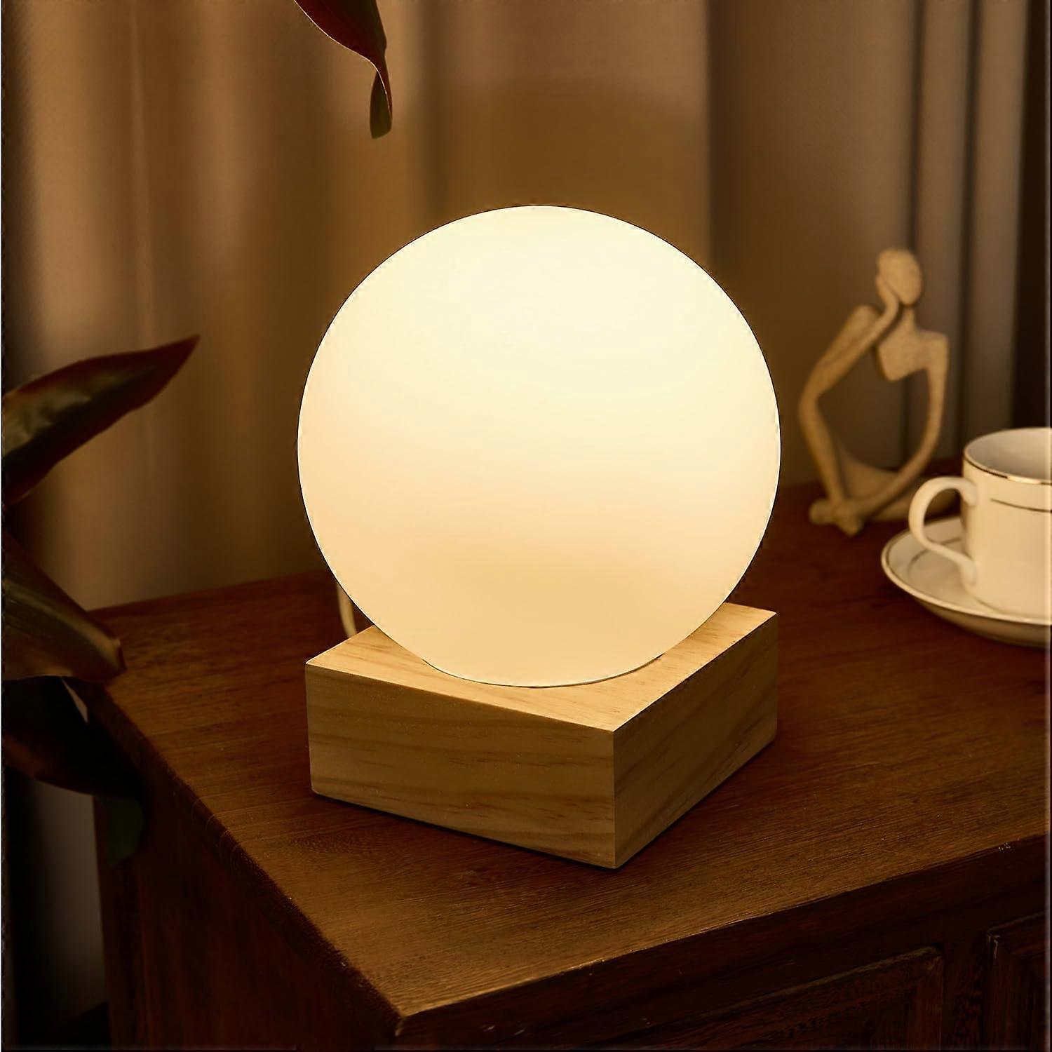 Modern Table Lamp with Wood Base and Glass Shade, Warm Light Bedside Lamp with G45 Bulb