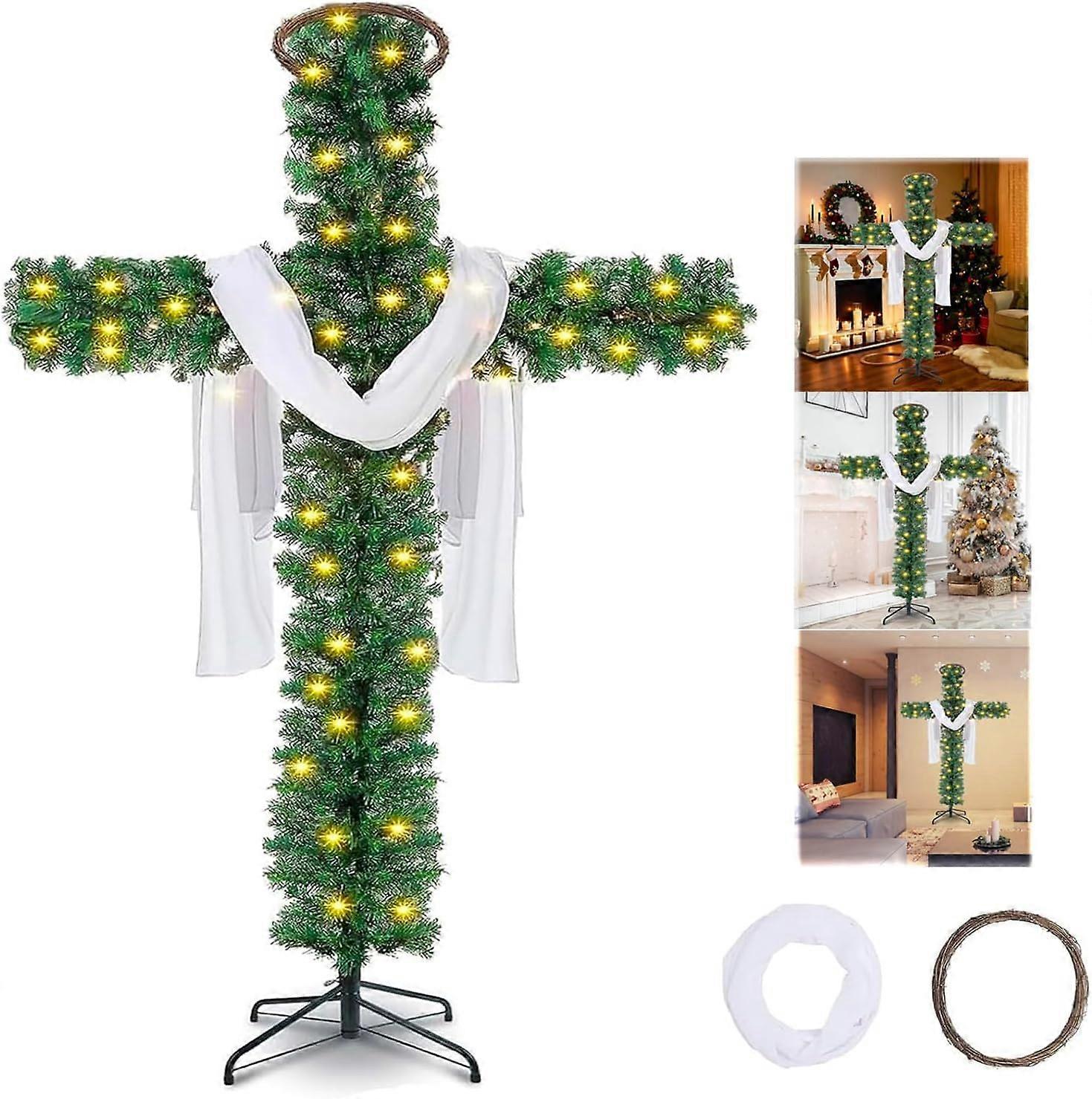 Christian Cross Christmas Tree with 100 Prelit Bubble Lights, Slim Pencil Design, Crown of Thorns Accent