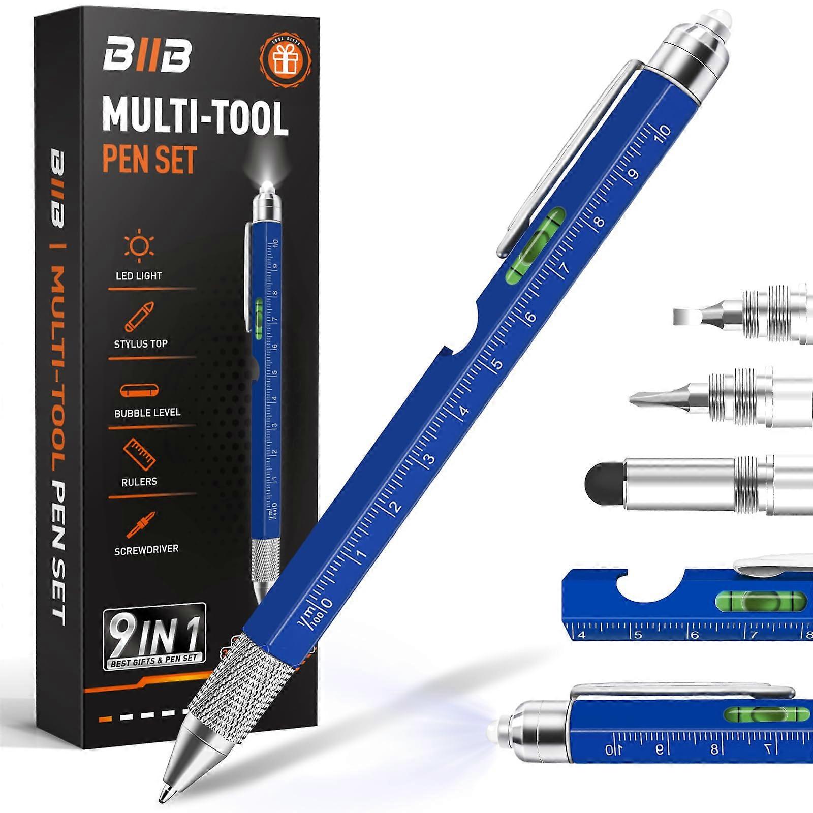 Multitool Pen 9in1 Multifunction Design with LED Flashlight Stylus Screwdrivers Ruler Blue