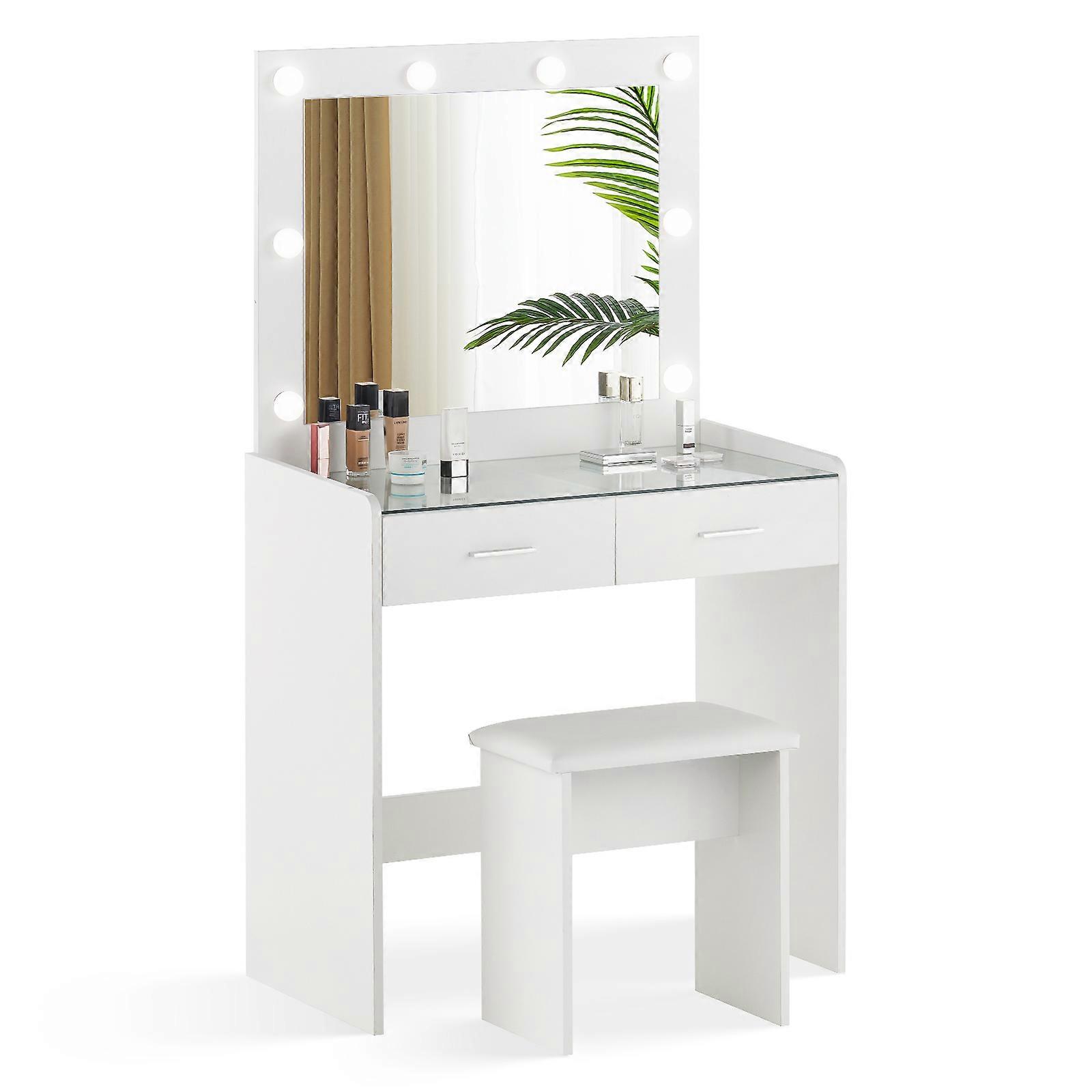 Dressing Table Set, 2 Large Drawers Vanity Makeup Table, Vanity Desk for Bedroom with LED Lights