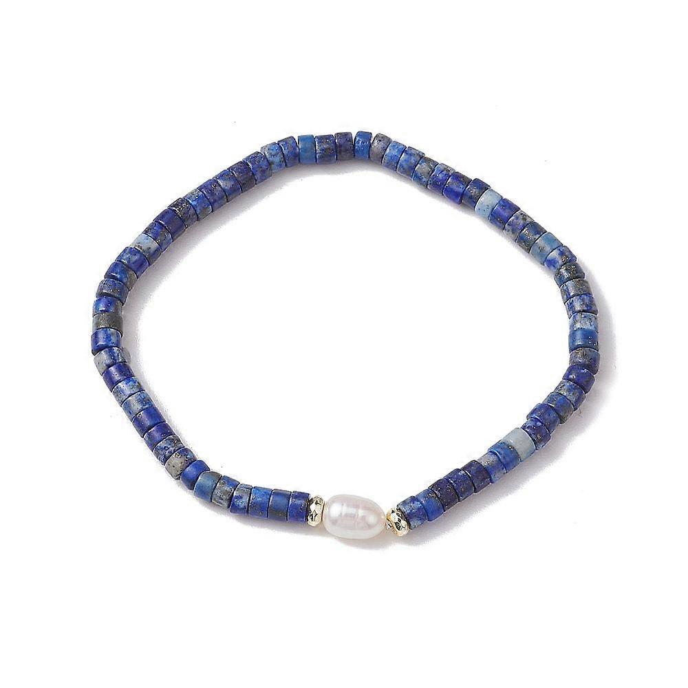Pulseiras elásticas com contas de lápis-lazúli e pérola naturais. Diâmetro interno: 5 cm (2 polegadas).