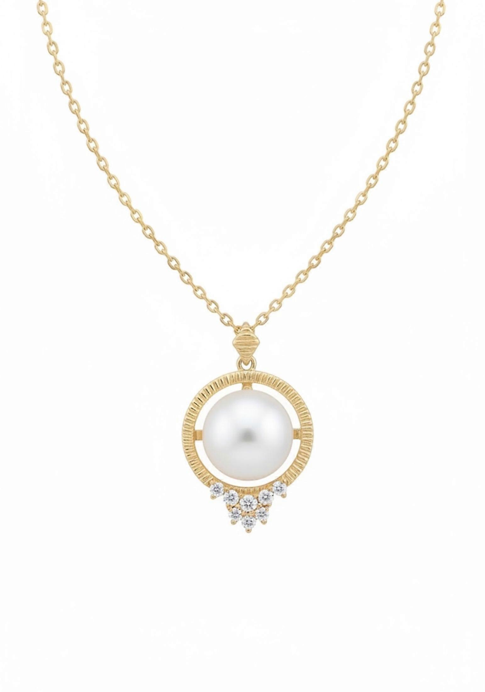 Solid 14k Gold Diamond and Pearl Empress Necklace