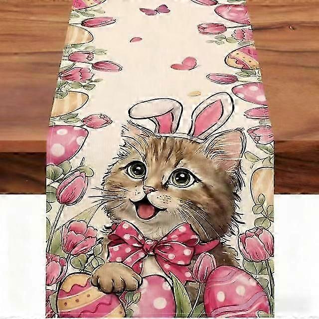 Easter Table Runner, Burlap Linen Blend, Easter Egg Bunny Spring Flowers Pattern, Washable Durable Table Decor, Protects Table Surface, for Kitchen Li