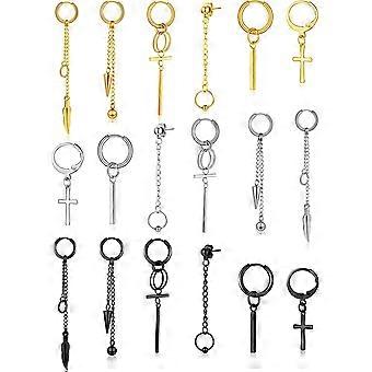 18 Stuks Mannen Scharnierende hoepel Bengelen Oorbellen Roestvrij Staal Bengelen Huggie Hoop Oorbellen Lange Ketting Hanger Oorbellen met Feather Leaf Bar