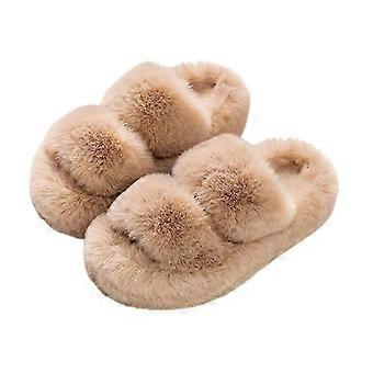 Fuzzy Hausschuhe Frauen Pelz Cross Band Haus Hausschuhe Offene Zehe Pantoffel Pantoletten Kaninchenfell mit Memory Foam Innensohle