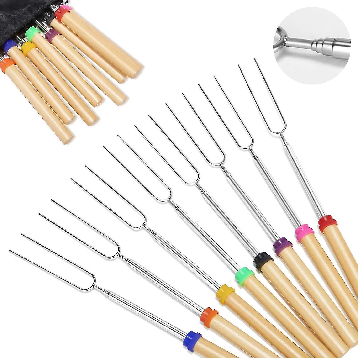 Marshmallow Roasting Sticks Wooden Handle Set Of 8 Smores Skewers Telescoping Forks 32 Inch With Portable Bag For Hot Dog Campfire Camping Stove Bbq T