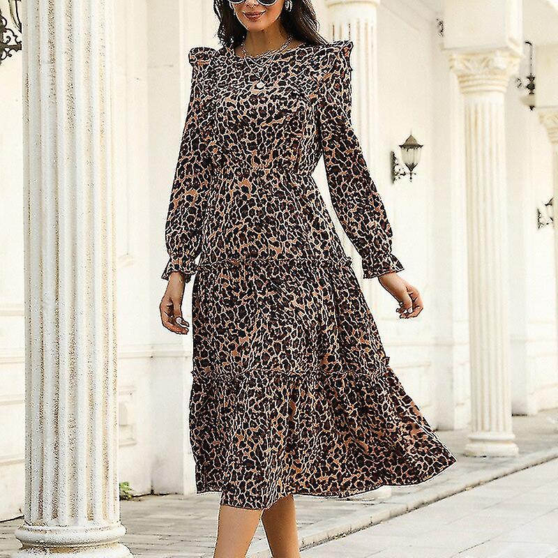 Elegant Mode Femmes Robes Léopard Automne Nouvelle Taille Mince Ourlet Ruffle Full Sleeve Print A-line Robe Midi pour Femme Décontractée