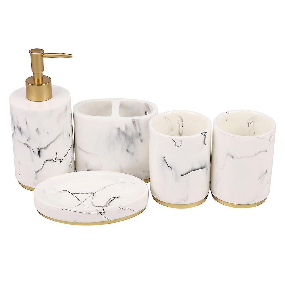 Bathroom Accessories Set, 5 Pieces Bath Ensemble, Bath Set Collection Marble Pattern Soap Dispenser